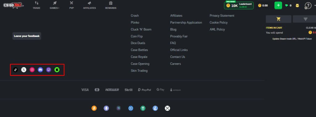 CSGORoll is active across different social media channels.